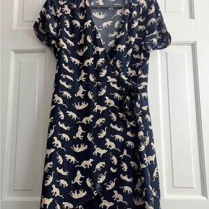 J. Crew Black Wrap Dress with Cream Animal Print